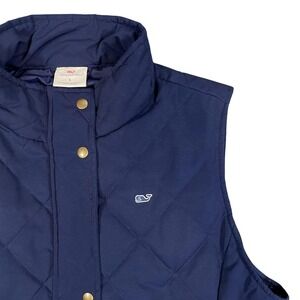 Vineyard Vines Navy Blue Quilted Vest w/ Whale Logo Mock Neck Brass Snaps